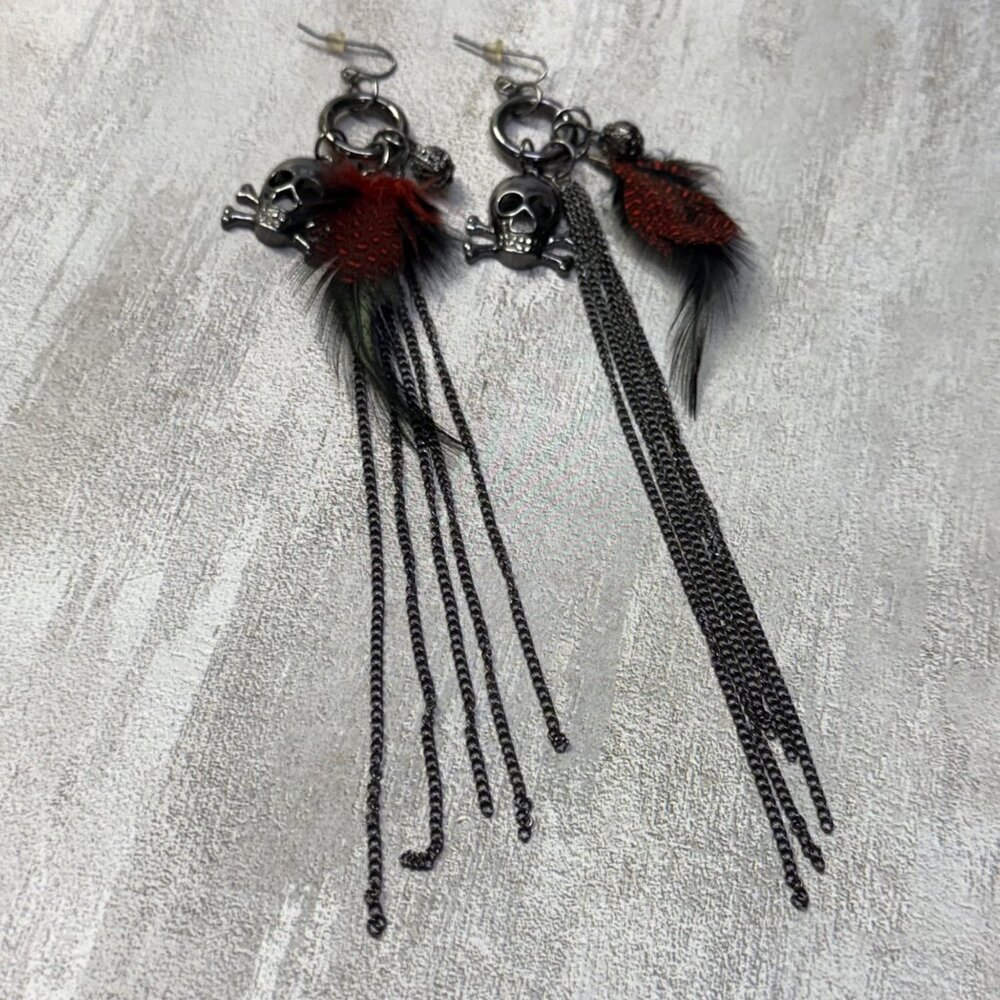 Gothic Skull Dangle Earrings Chain Red Feathers Crystal Accent Boho Punk Jewelry - Picture 2 of 16